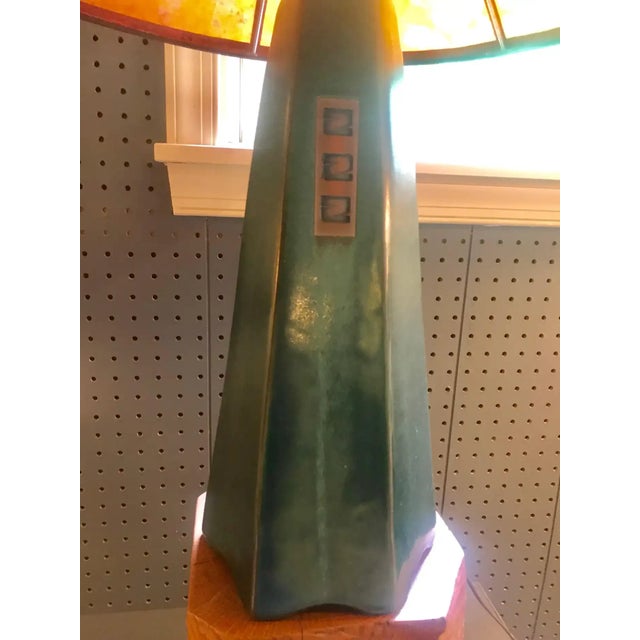 Handcrafted Artisan Stoneware Lamp in Moss Glaze With Amber Mica Shade For Sale In Philadelphia - Image 6 of 9