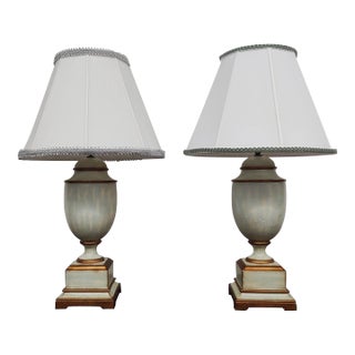 Vintage Pair Blue & Gold Ceramic Washed Urn Table Lamps by Wildwood For Sale