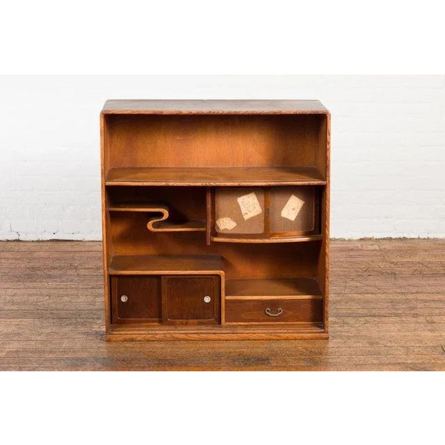 Japanese Early 20th Century Japanese Taishō Period Open Bookshelf Sliding Doors, Curvy Shelf & Drawer For Sale - Image 3 of 13