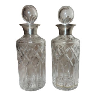 Antique William Devenport Sterling Silver Cut Crystal Glass Decanter - a Pair For Sale