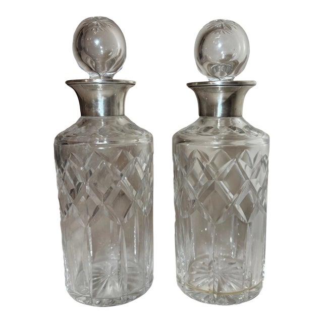 Antique William Devenport Sterling Silver Cut Crystal Glass Decanter - a Pair For Sale