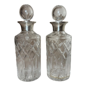 Antique William Devenport Sterling Silver Cut Crystal Glass Decanter - a Pair