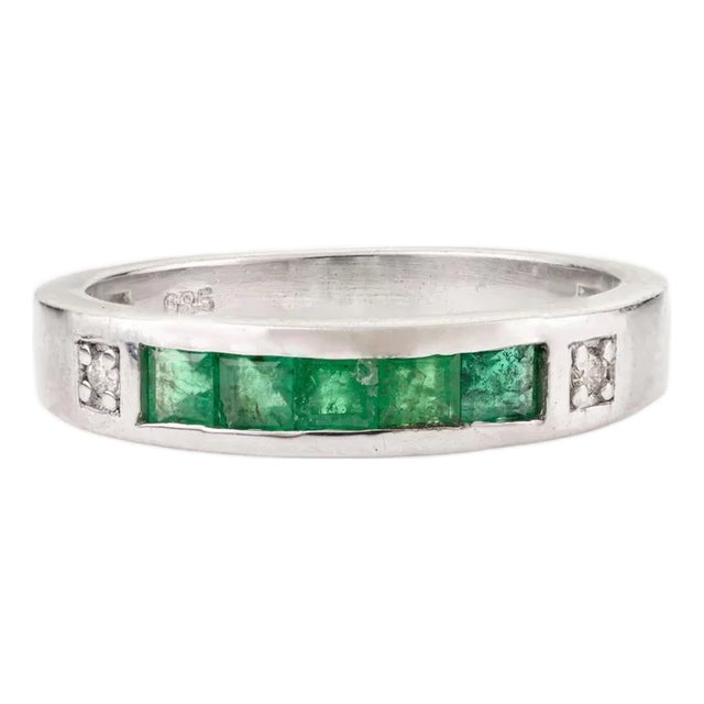 Art Deco Square Cut EmeraldChannel-Set 925 Silver Eternity Band Ring - Size 7 For Sale