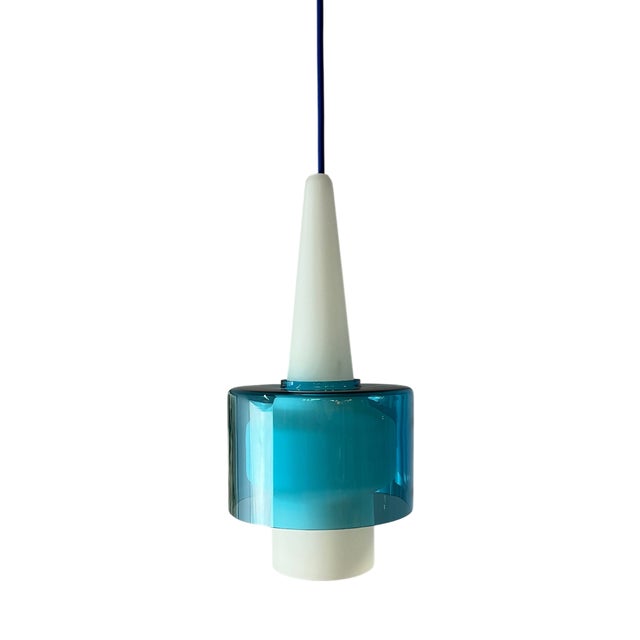 Blue and White Opal Glass Pendant Lamp by Hyllinge Glasbruk For Sale