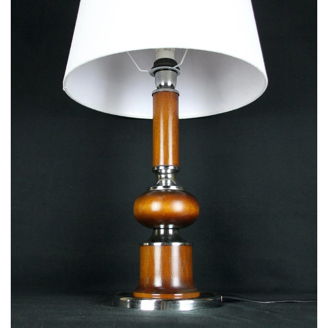 Walnut and Chrome Table Lamp With White Lampshade, France 1970's For Sale - Image 4 of 5