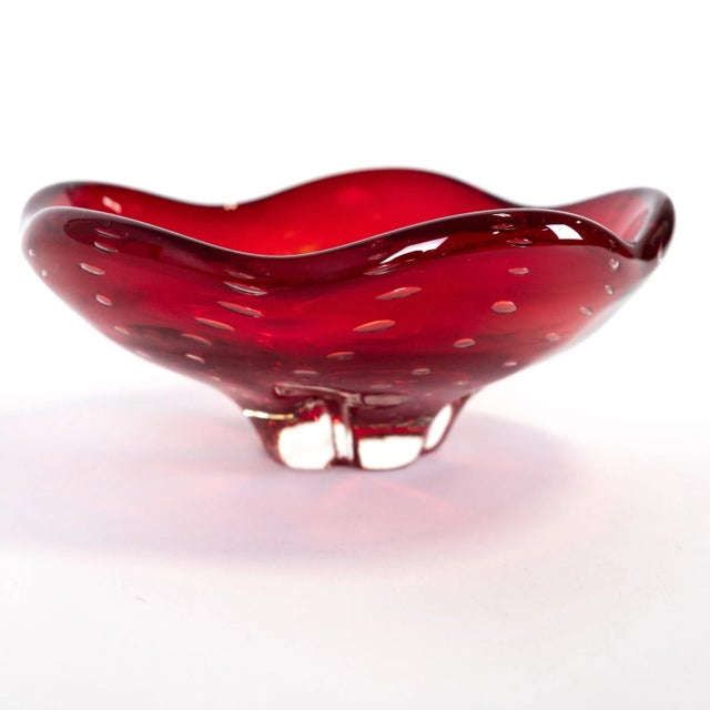 1960s Italian Murano Style Art Glass Ruby Red Bullicante Bowl For Sale - Image 5 of 10
