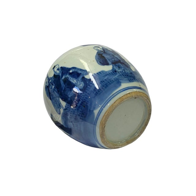 Chinese Oriental Handpaint People Small Blue White Porcelain Ginger Jar For Sale - Image 3 of 5