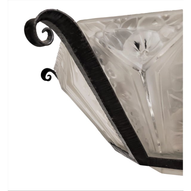 Early 20th Century French Art Deco Hand Forged Iron + Glass Chandelier With Scroll + Flowers by Verrerie Des Hanots For Sale - Image 9 of 12