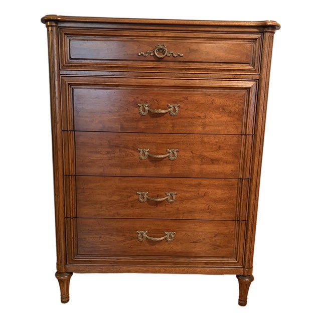 Vintage Henredon Heritage Walnut Italian Provincial - Highboy 5-Drawer (5300 Series) For Sale