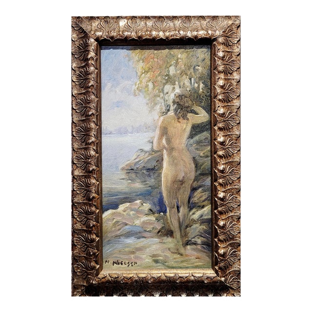 Niels Peter Nielsen- Nude Female Bather by the River -1930s Oil Painting For Sale