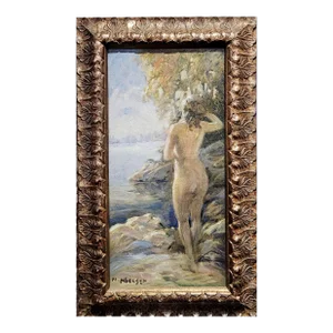 Niels Peter Nielsen- Nude Female Bather by the River -1930s Oil Painting