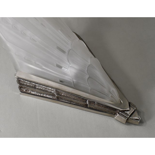 French Art Deco Frosted Glass & Nickeled Bronze Slip Shade Wall Sconces 1930s by Ejg - A Pair For Sale - Image 10 of 11