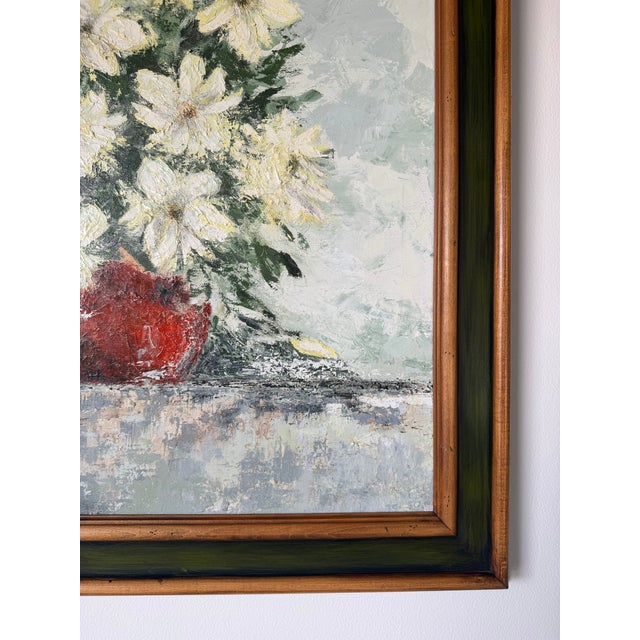 Cream 1969 Vintage Impressionist Floral Still Life Oil on Canvas Painting, Signed For Sale - Image 8 of 12