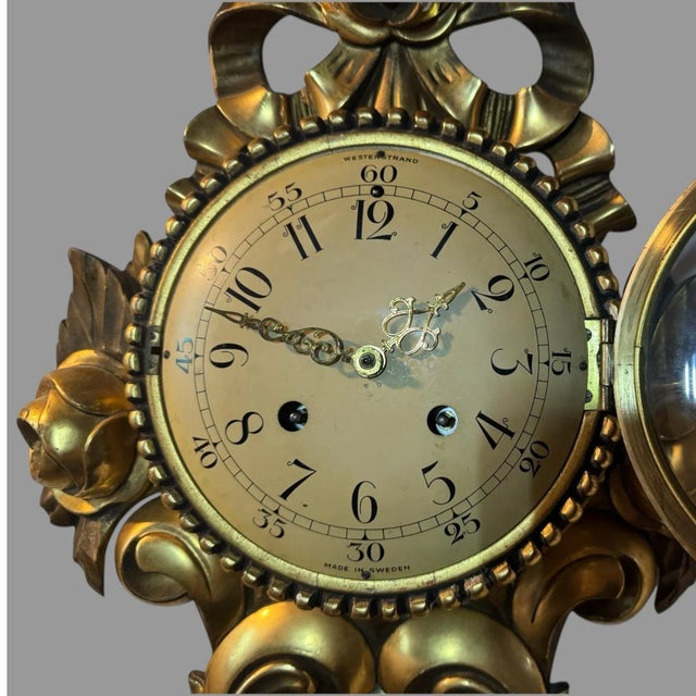 Gold Vintage Ornate Giltwood Decorated Wall Hanging Sweden Clock For Sale - Image 8 of 12