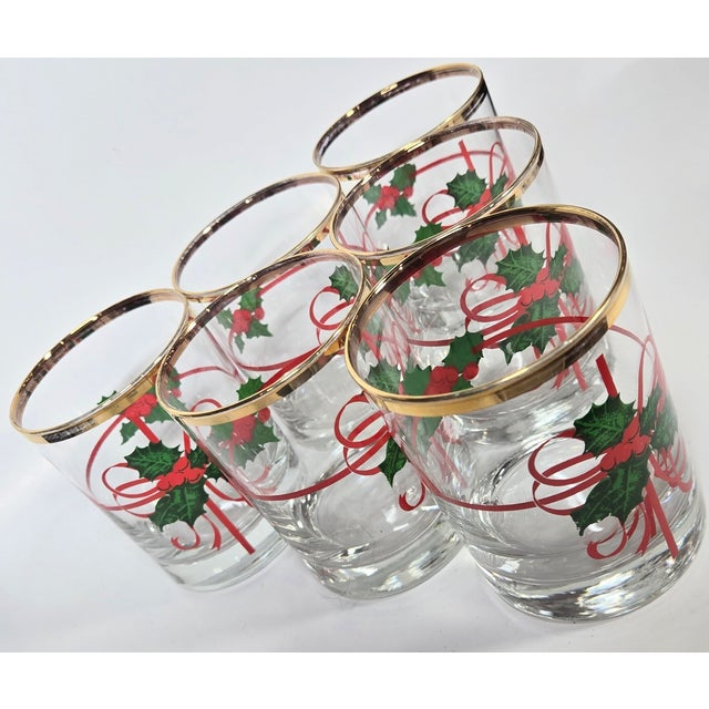 Mid 20th Century Holly and Ribbons Double Old Fashioned Glasses- Set of Six For Sale - Image 9 of 17