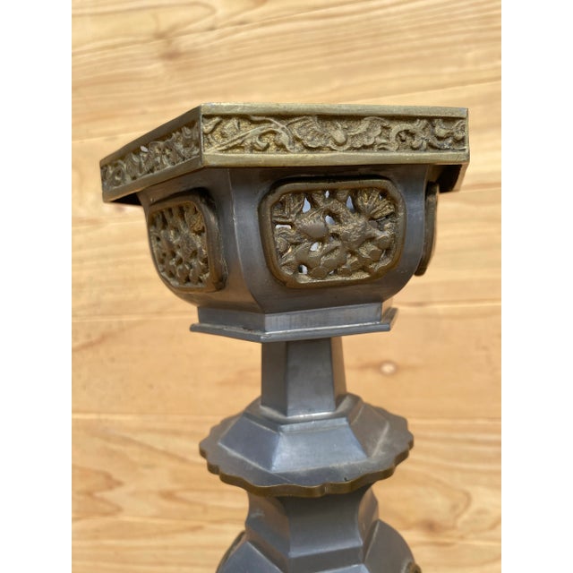 Vintage Pewter and Gilt Chinese Temple Candlesticks - Pair For Sale - Image 4 of 12