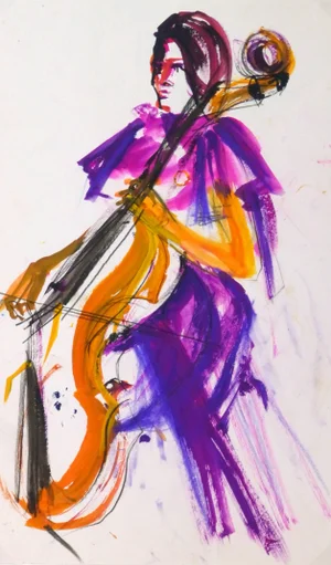 G. Lachausse, Vintage Gouache Painting - the Cellist