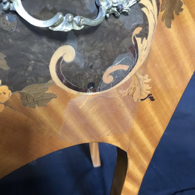 French Marble Topped Louis XVI Bombe Commode With Intricate Marquetry For Sale - Image 4 of 9