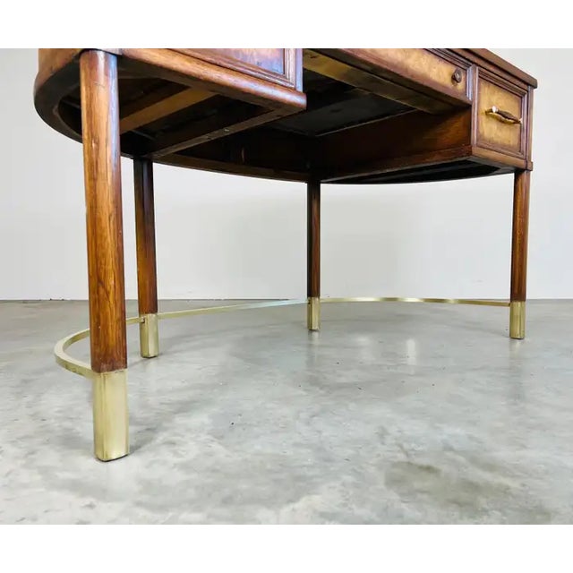 Vintage Regency Henredon Style Walnut, Burlwood and Brass Demilune Writing Desk For Sale In Philadelphia - Image 6 of 9