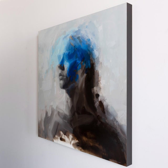 Storm by Josh Sorrell | Oil on Panel Abstract figure with blue accents in a muted background. For Sale - Image 4 of 5