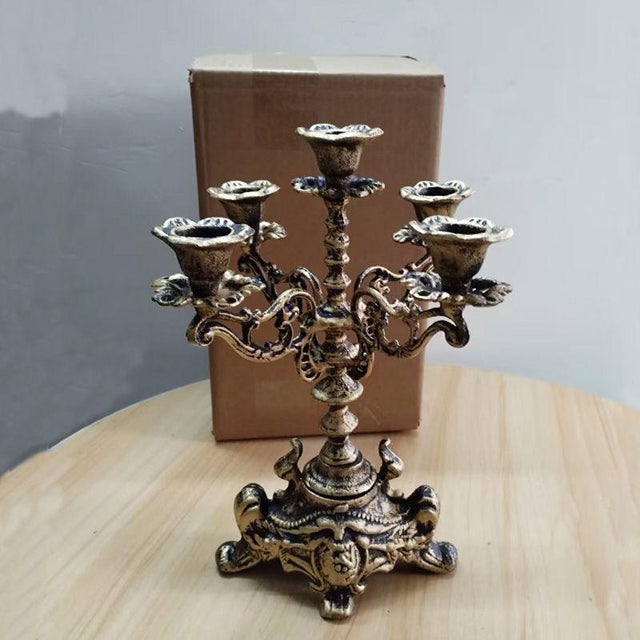 Ornate Gold Cast Iron Candelabra – 12.8" Five-Arm Candle Holder For Sale - Image 4 of 9
