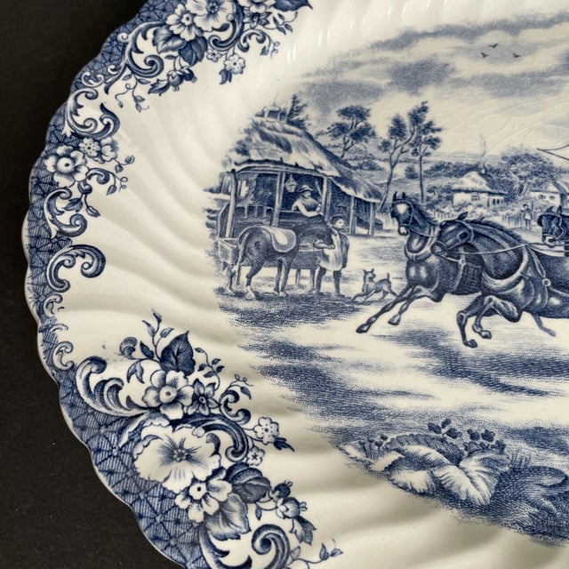 Johnson Brothers Vintage Mid-Century Modern Johnson Bros. Coaching Scenes Passing Through Blue & White Ironstone Platter For Sale - Image 4 of 5