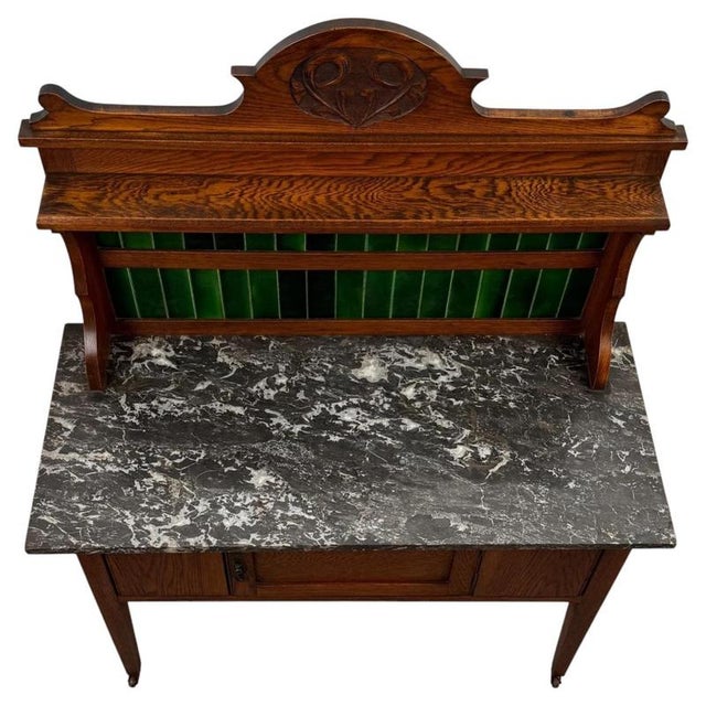 Antique Arts & Crafts Oak Washstand with Marble Top For Sale - Image 3 of 11