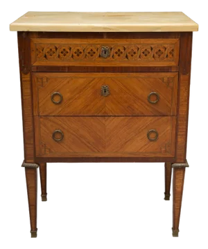 Late 19th Century French Louis XVI Style Tulipwood Commode With Ochre Marble Top