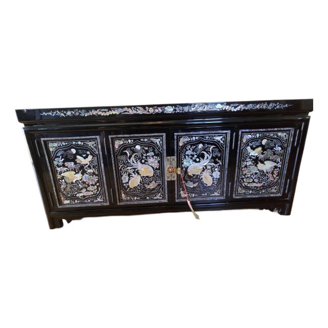 Vintage Korean Low Scholars Cabinet With Mother-of-Pearl Inlay For Sale