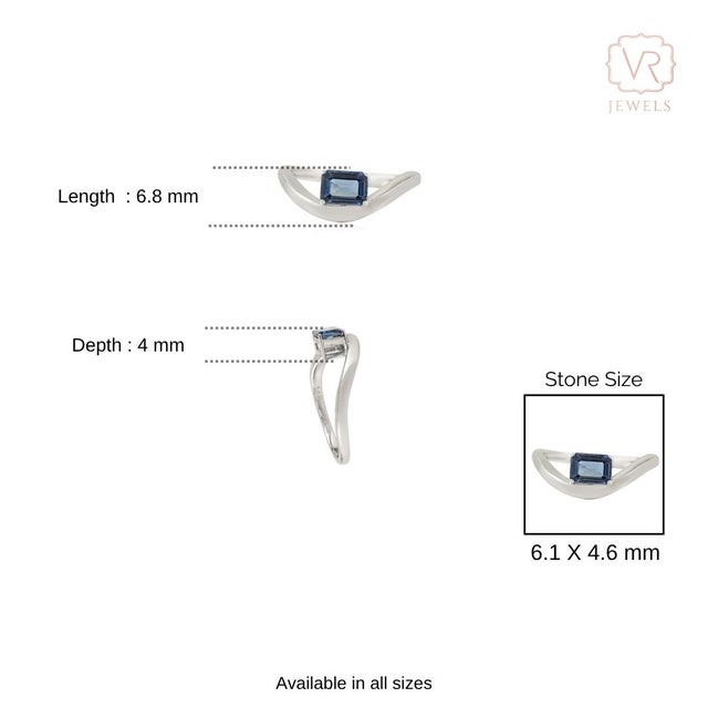 VRJewels Minimalist 14k White Gold Emerald-Cut Natural Blue Sapphire Wave Ring Size 7 For Sale - Image 9 of 14