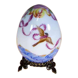 1990s Vintage Hand-Painted Easter Egg Birds & Ribbon Decoration on Golden Metal Base