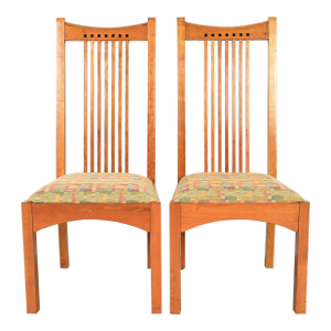 Stickley Arts & Crafts Cherry Wood High Back Spindle Side Chairs or Dining Chairs, Pair