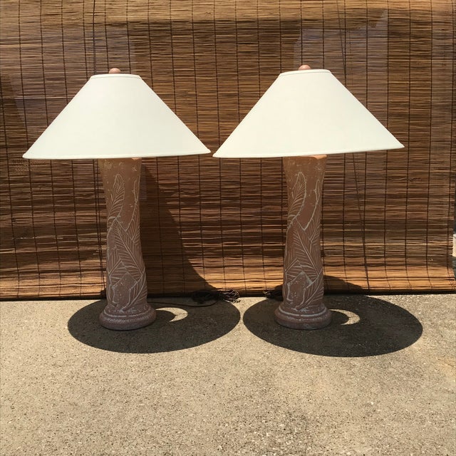 Terra Cota Banana Leaf Table Lamps - a Pair For Sale - Image 9 of 12