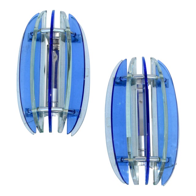 Italian Glass & Chrome Sconces by Veca Blue & Clear Mid-Century Modern - Pair For Sale