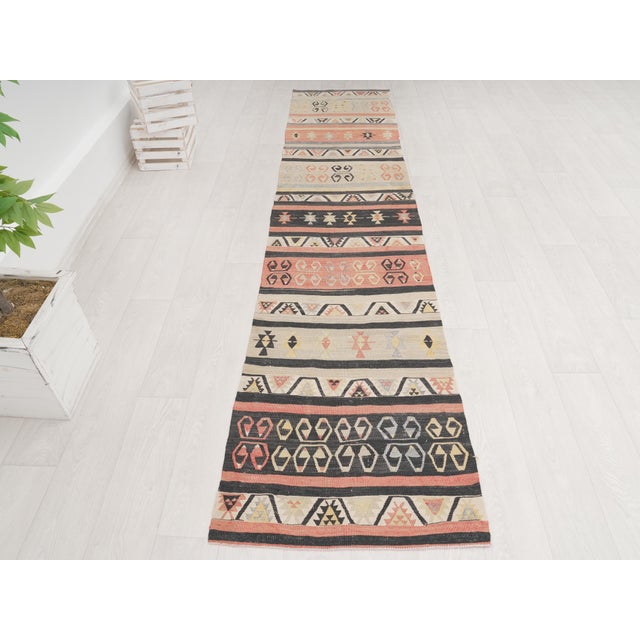 1960s 1960 Vintage Turkish Kilim Runner Rug, Handwoven Wool Hallway Runner, Tribal Boho Kitchen Rug, Geometric Anatolian Area Rug For Sale - Image 5 of 8