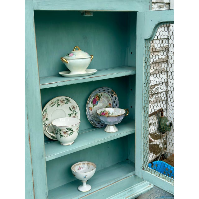 French Provincial Mid-Century Distressed Green Cabinet, With 2 Shelves For Sale - Image 11 of 12