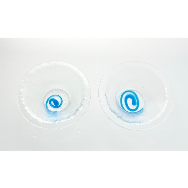 Pair of Blown Recycled Glass Baby Blue Swirl Catchall Decorative Bowls 7 1/4” Good contemporary condition. No chips,...