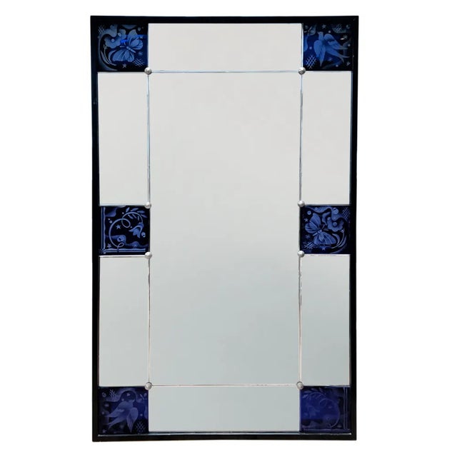 French Sectional Mirror with Blue Etched Panels, 1930s For Sale - Image 3 of 5