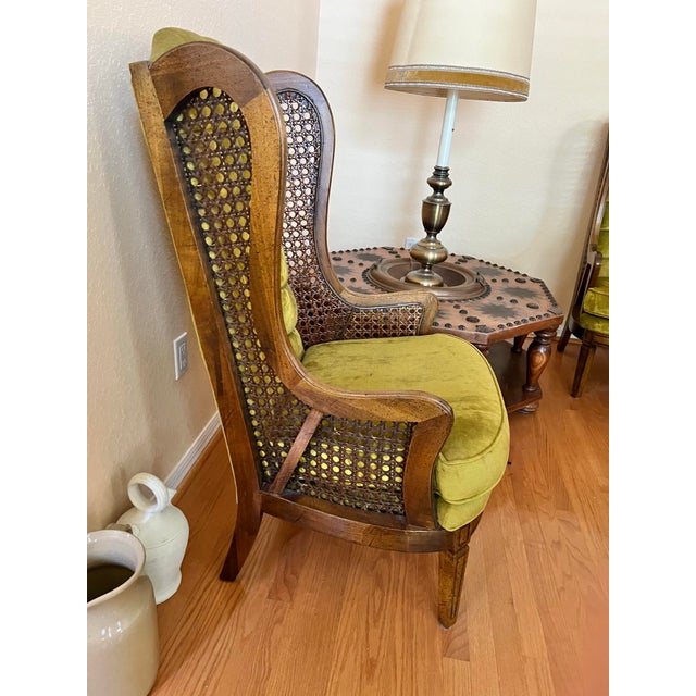 Mid-Century Modern 1960 Caned Wingback Armchairs in Green Crushed Velvet Pair of 2 For Sale - Image 3 of 12