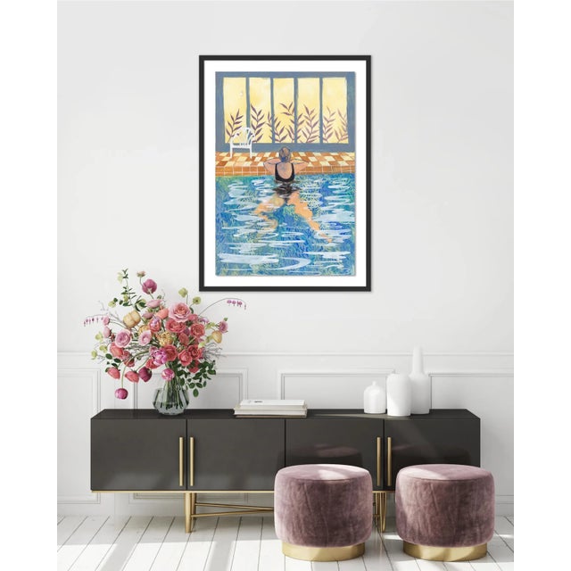 Contemporary Pool with Yellow Sky by Cecilia Reeve in Black Frame, Medium Art Print For Sale - Image 3 of 4