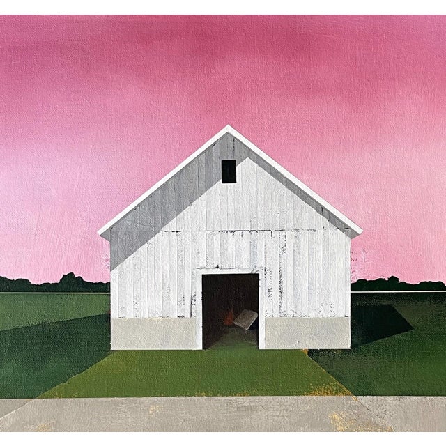 Alizarine Sky by Justin Wheatley | Acrylic on Canvas Barn Landscape With Pink Sky For Sale In Denver - Image 6 of 11