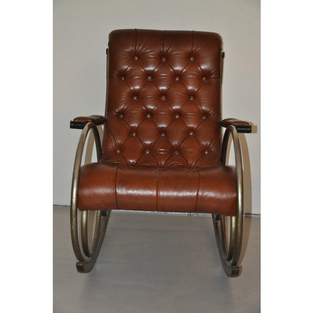 Antique Brass, Steel & Leather Rocking Chair For Sale - Image 4 of 10
