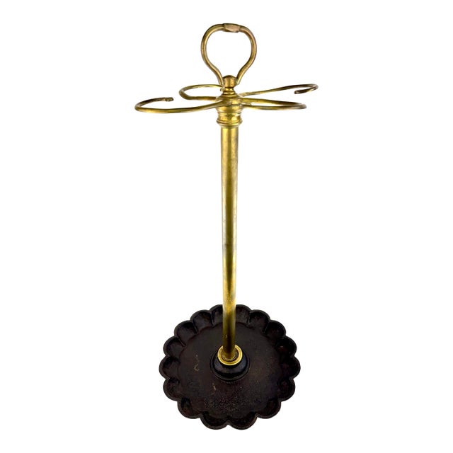 Vintage Brass & Cast Iron Fireplace Tool Stand With Scalloped Ash Tray For Sale