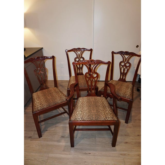 Chippendale Vintage Baker Furniture Mahogany Dining Chairs With Leopard Print Seats – Set of 4 For Sale - Image 3 of 9