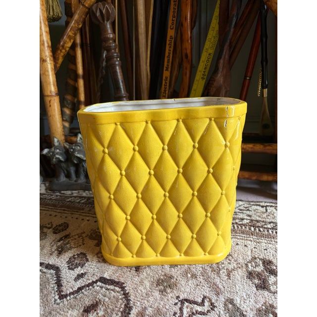 Vintage Mid Century Yellow Porcelain Wastebasket For Sale - Image 4 of 5
