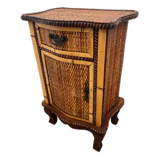 1960s Mid Century Nightstand Cabinet With Drawer Wicker and Bamboo Petite Size For Sale
