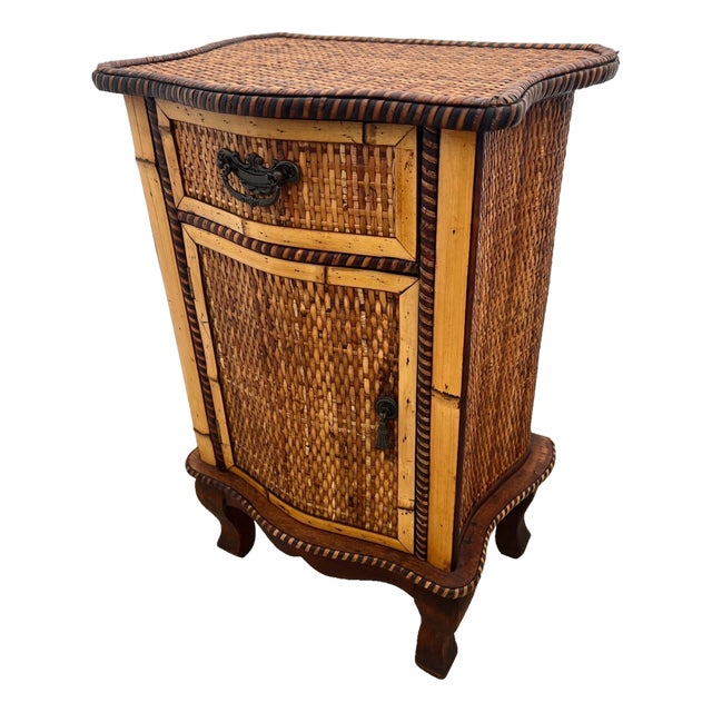 1960s Mid Century Nightstand Cabinet With Drawer Wicker and Bamboo Petite Size For Sale