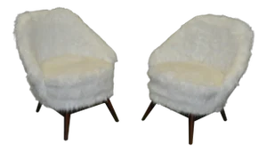 Set of Mid-Century White Faux Fur Lounge Chair, 1950s Set of 2