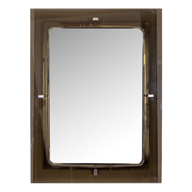 Vintage Italian Smoked Glass Wall Mirror, 1970s For Sale