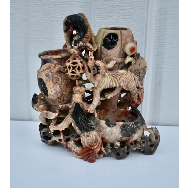 Antique Animal Carved Soapstone Triple Vase Sculpture For Sale In Philadelphia - Image 6 of 14